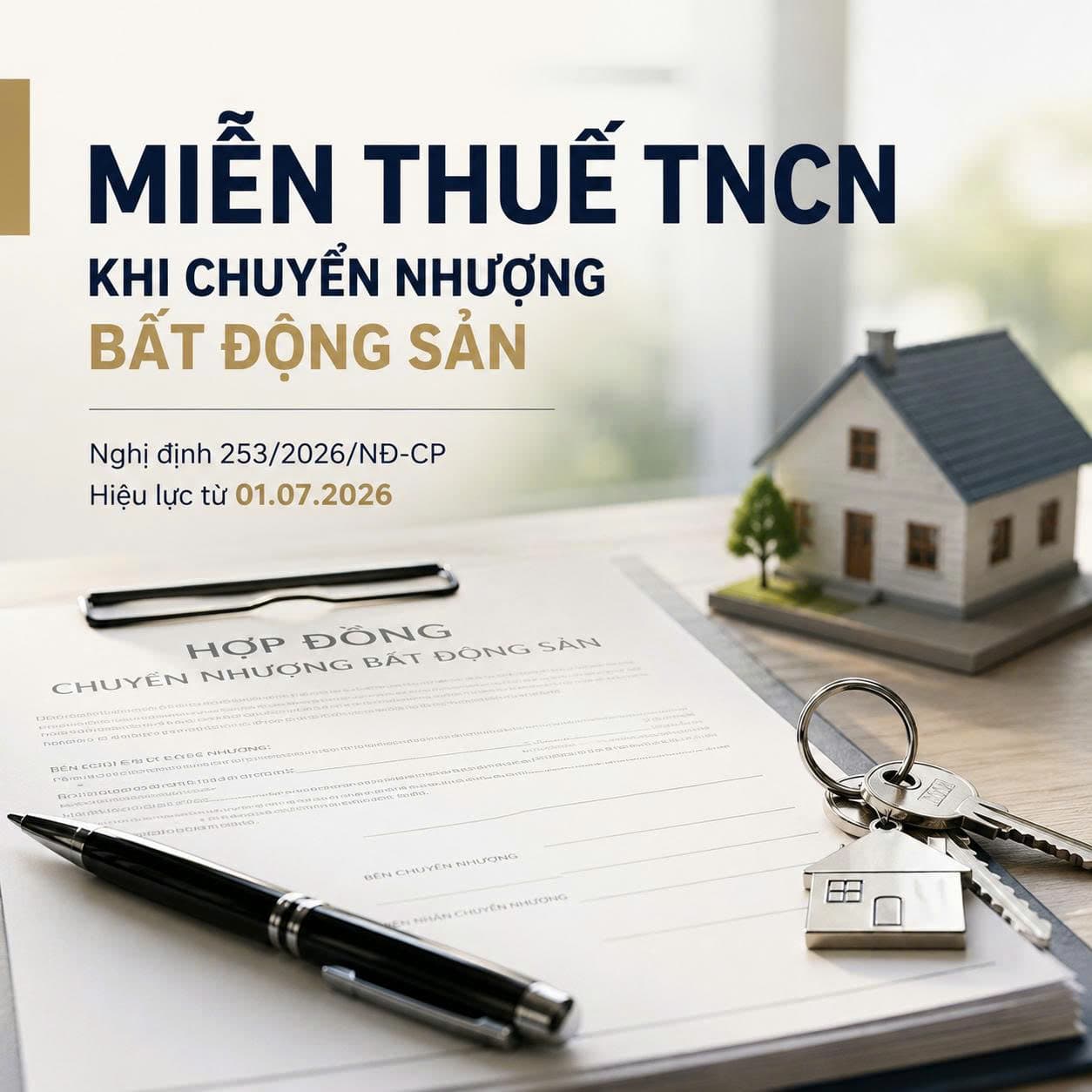 Miễn thuế thu nhập cá nhân khi chuyển nhượng bất động sản từ ngày 01/07/2026: Những điểm cần lưu ý từ Nghị định 253/2026/NĐ-CP